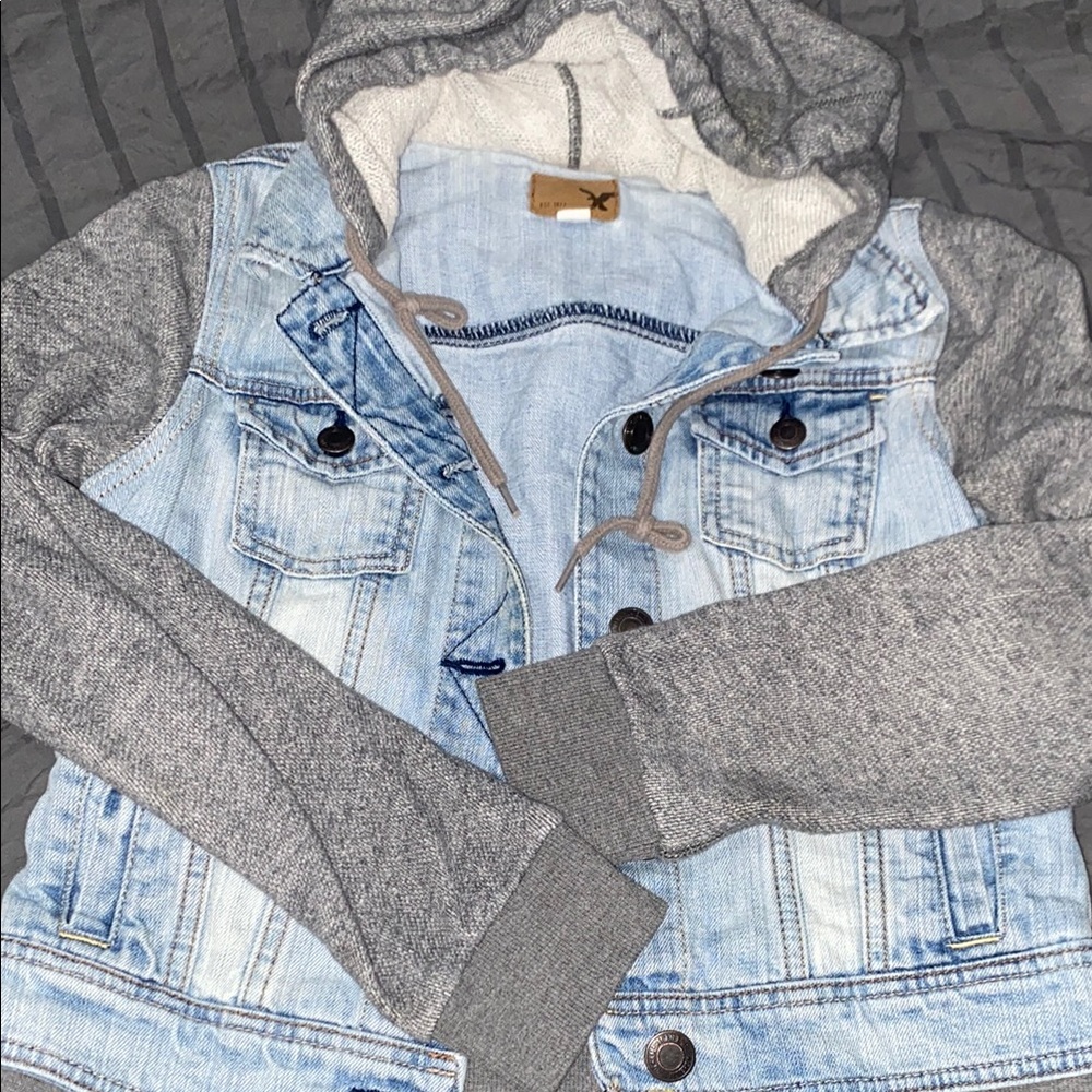 American Eagle Outfitters Gray Hoodie and Blue Jean Jacket with Hybrid Design